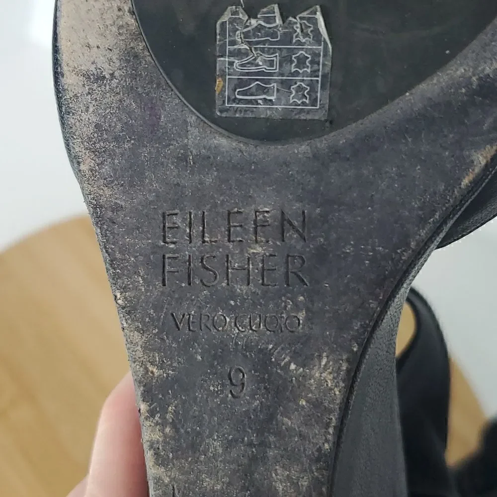 Eileen Fisher Corona Mid-Wedge Ankle Cuff Leather Sandal Black Size 9